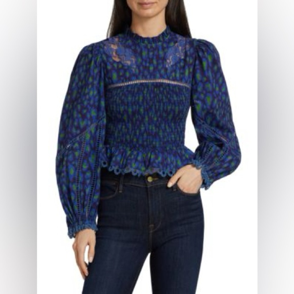 Farm Rio Leopard Pop Blue Green Smocked Lace Peplum Blouse XL